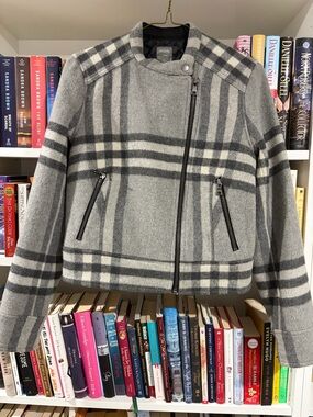 GAP Gray Plaid Wool Blend Moto Jacket